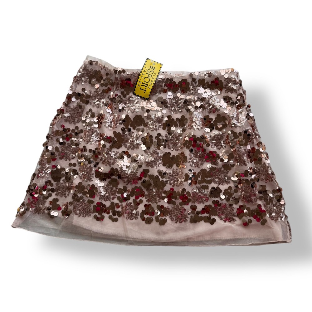 Womens S Rose Gold Pink Floral Allover Sequins Mini Skirt Party Festival Holiday